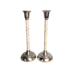 MacKenzie Childs Sterling Check Medium Candlestick Holders Pair of Two Silver